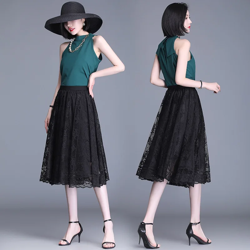 

Женская кружевная юбка, однотонная облегающая сетчатая юбка с эластичной завышенной талией, лето 2022