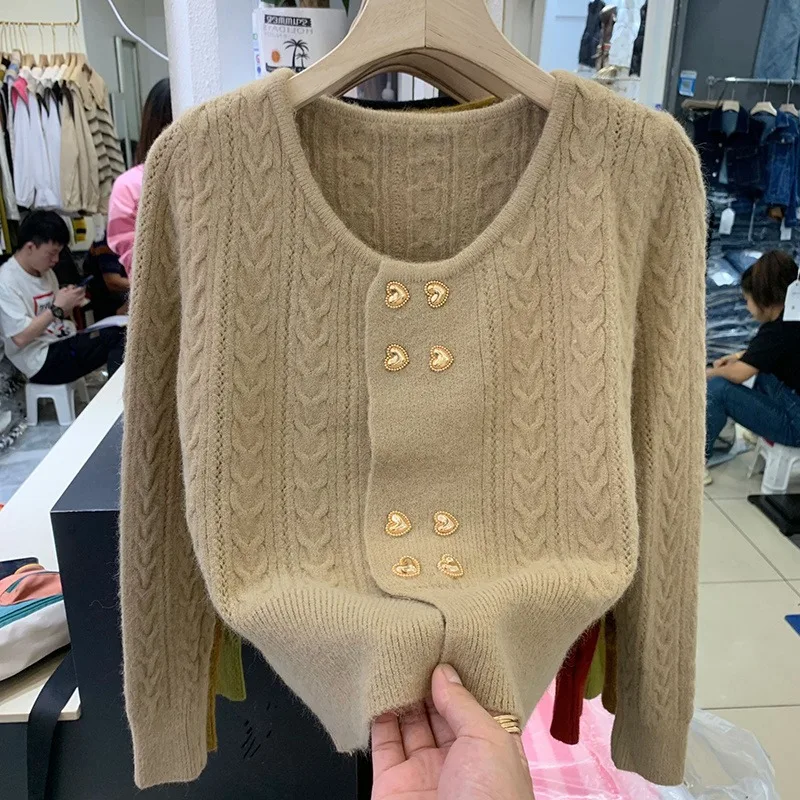 

Double breasted love knitting cardigan autumn and winter new style lazy wind soft waxy Fried Dough Twists bottoming sweater