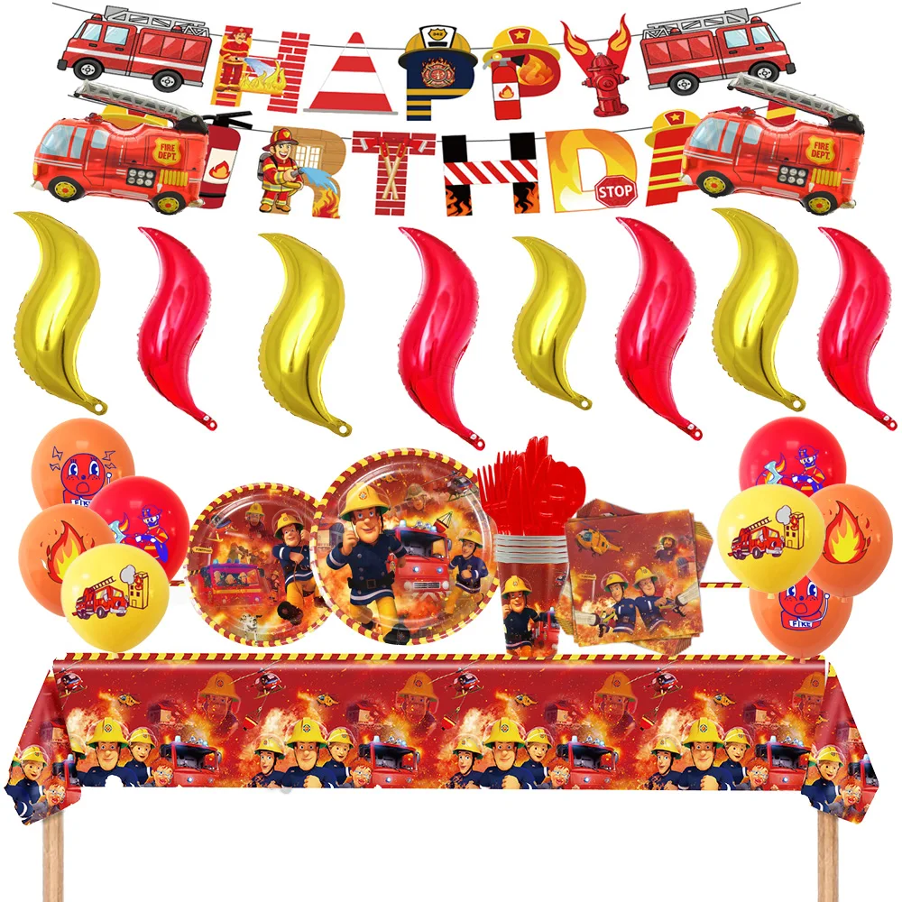 

Fire Truck Sam Theme Birthday Party Supplies Fireman Banner Firefighter Tablecloth Dinner Plates Fire Balloon Decorations Boys
