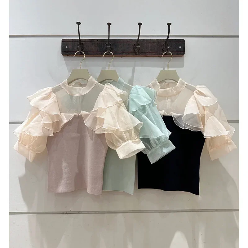 Kuzuwata Перспективные вязаные топы из тюля новинка лета 2024 с рюшами и воротником Sueter