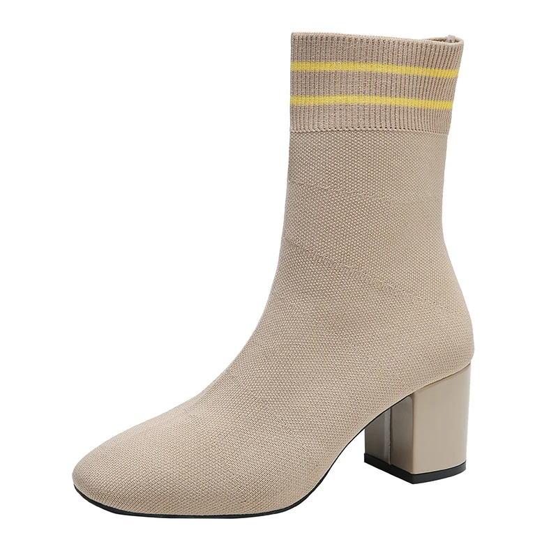 

Women Elastic Knitted Socks Boots Woman Slip on Stretch Fabric Ankle Boots Autumn Fashion Square Toe Thick High Heels