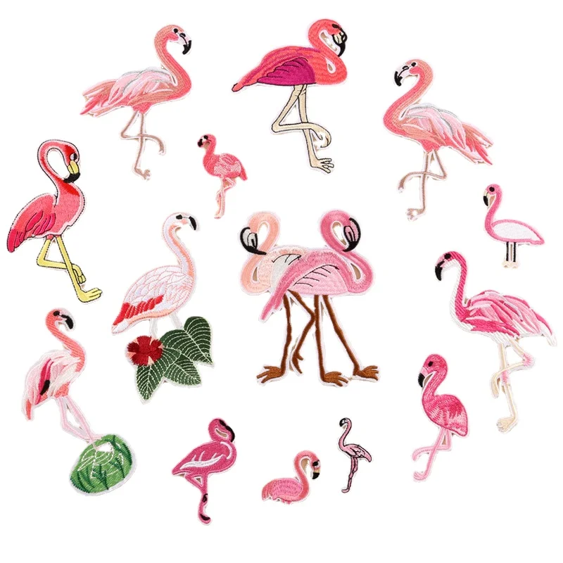 

30pcs/Lot Large Pink Flamingo Bird Couple Luxury Embroidery Patch Leaf Shirt Bag Curtain Clothing Decoration Accessory Craft Diy