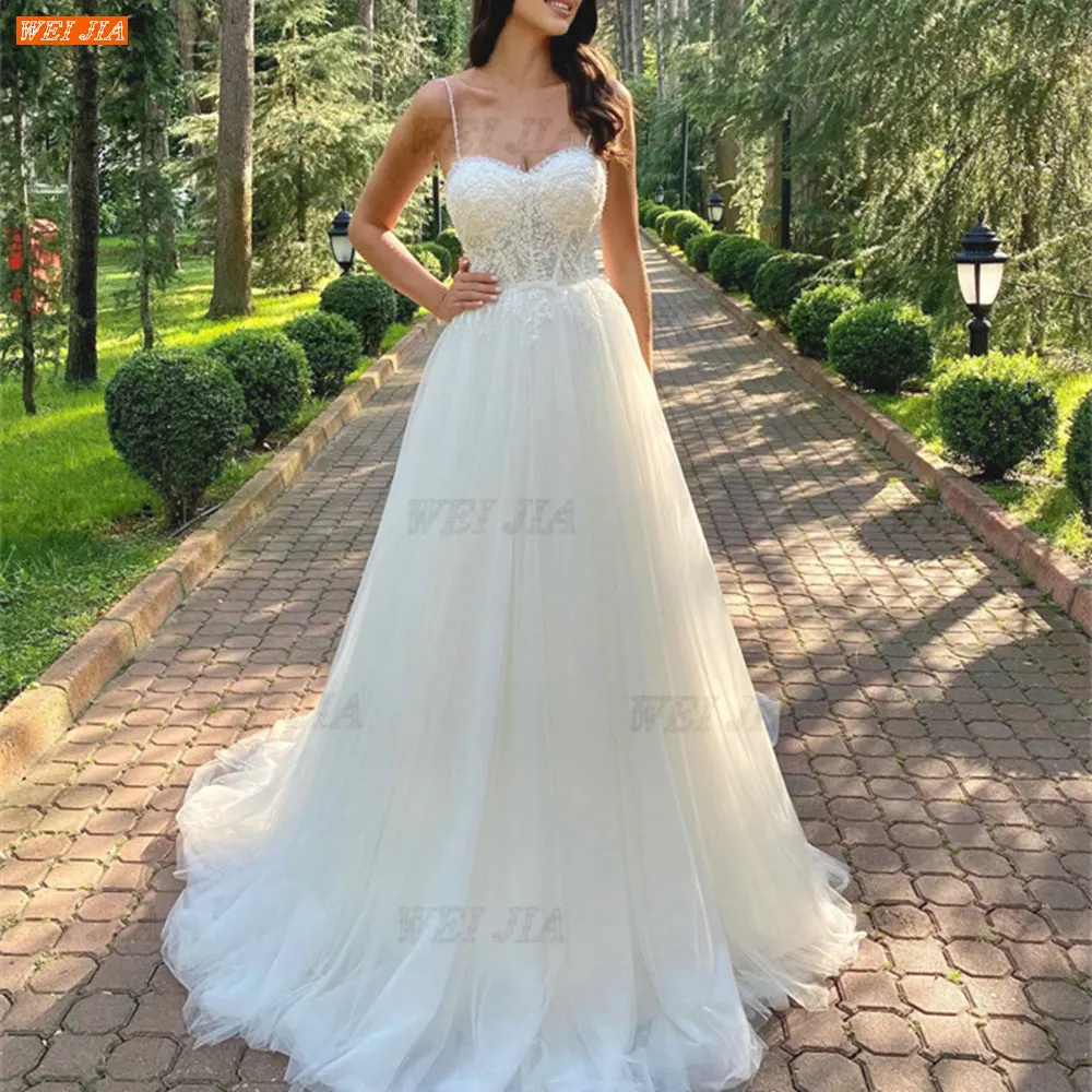 

Boho A Line Wedding Dresses for Women Bride Gown Lace Appliques Beaded Spaghetti Straps Sweetheart Wedding Gowns Robe De Mariee