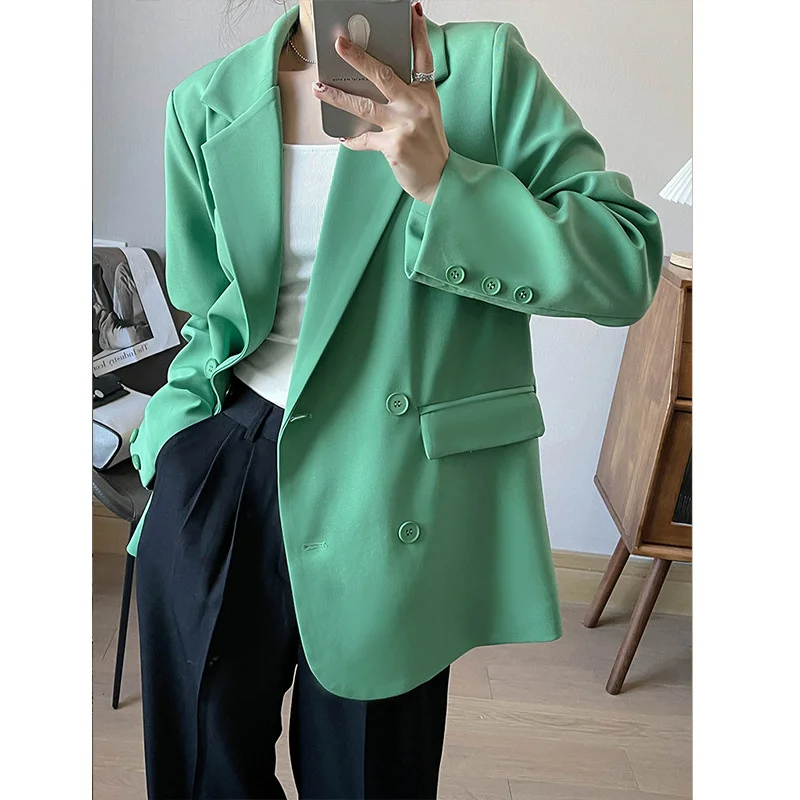 

2022 Spring Women Turn Down Collar Green Blazer Loose Straight Double Breasted Long Sleeve Casual Blazer Spring Coats