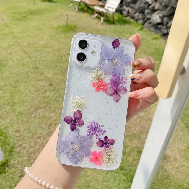 

Glitter Real Dry Pressed Flower Phone Case For iphone 12 11 13 pro XS MAX x SE XR 7 8 plus Transparent Silicone Cover