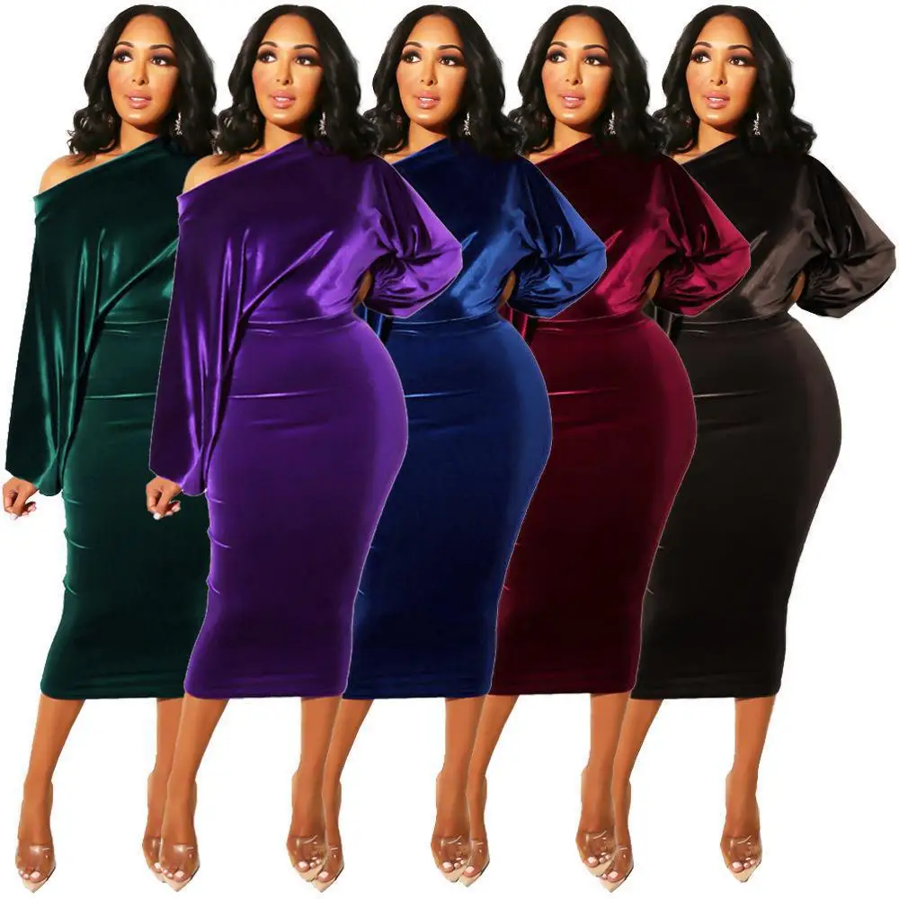 

Autumn Elegant Velvet Evening Dress Women Sexy One Off Shoulder Long Sleeve Bodycon Party Midi Dress 2022 Winter Clothes
