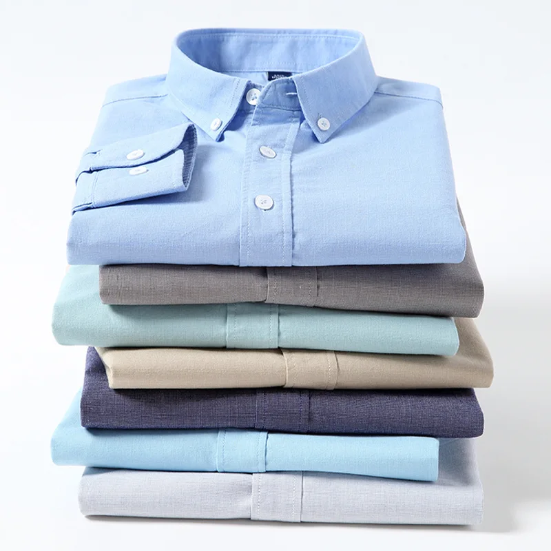 100% Cotton Solid No Pocket Oxford Long Sleeve Casual Slim Fit Social Male Dress Blouse