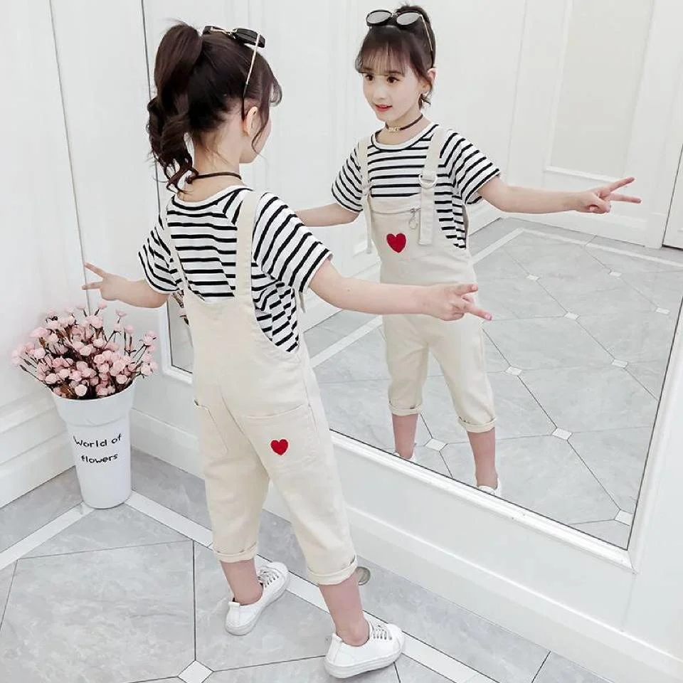 

Children New Arrivals Summer Kids Clothes 2PCS Sets Baby Girl Short Sleeve O-neck Collar T-shirt+Overalls Outfits Two Color