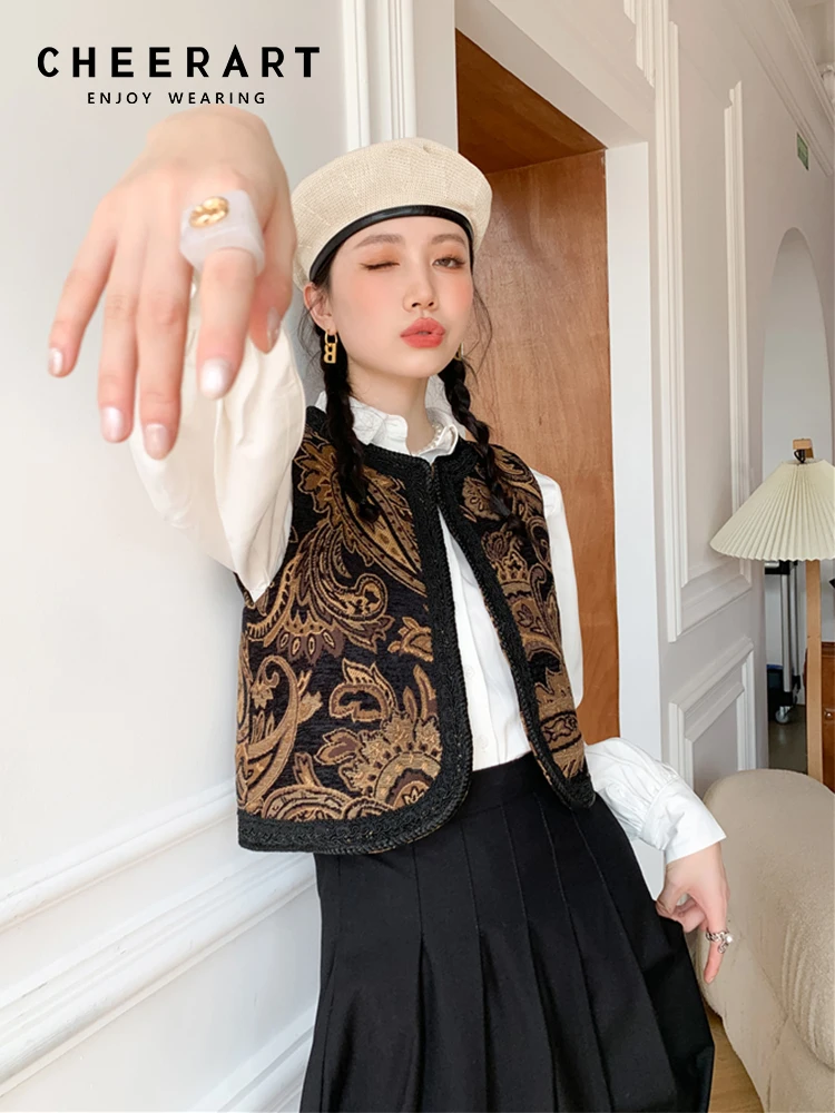 Винтажный жаккардовый укороченный жилет CHEERART с пейсли - Цена: 1763.93