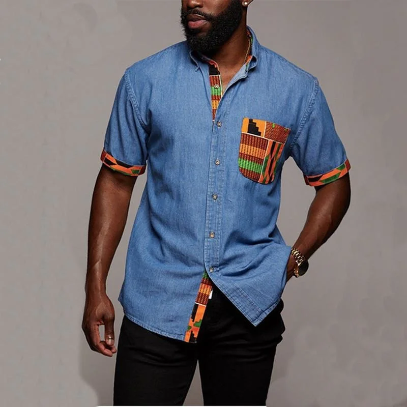 

Men's Casual Shirts Vintage Denim Shirt Summer Men Hawaiian Short Sleeve Mens Striped Pocket Print Beach Man Oversized Hemd