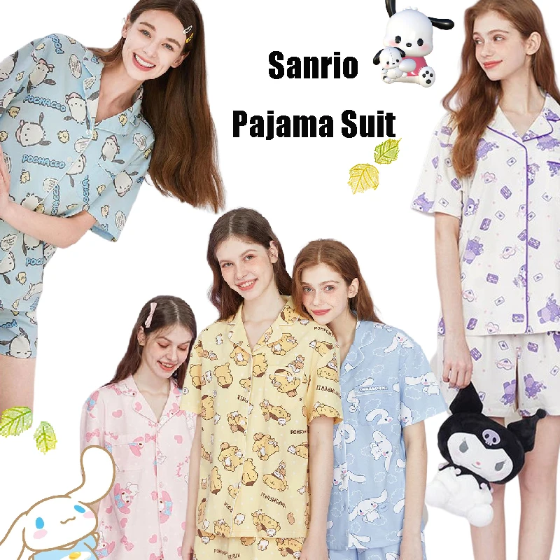 

Kawaii Sanrio Kromi Pajama Suit My Melody Cinnamoroll Pochacco Pom Pom Purin Girl Cartoon Cotton Short-sleeved Household Clothes