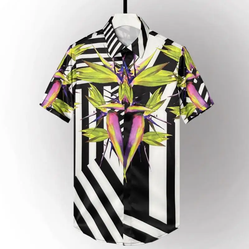 

2022 Men Shirts Luxury Stripe Printed Short Sleeve Mens Dress Shirts Allover Prnting Party Nightclub Slim Fit Shirts Man 4XL