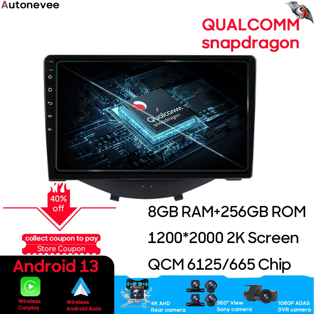 

Автомагнитола для Toyota Aygo Peugeot 108, Citroen C1 2016- 2020, Qualcomm, Android, мультимедийный проигрыватель, GPS-навигация, Carplay, Wi-Fi