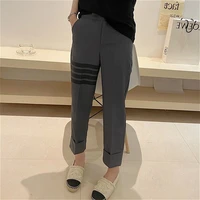 tb casual suit pants womens trendy korean high waist straight striped ninth pants loose and thin gray foot cigarette pants