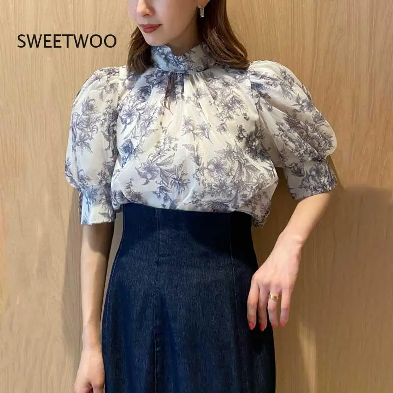 2022 Summer New Women Blouses Stand Collar Lantern Sleeve Lace Up Print Shirt Tulle Fairy Top Fashion Casual Bowknot Blouses