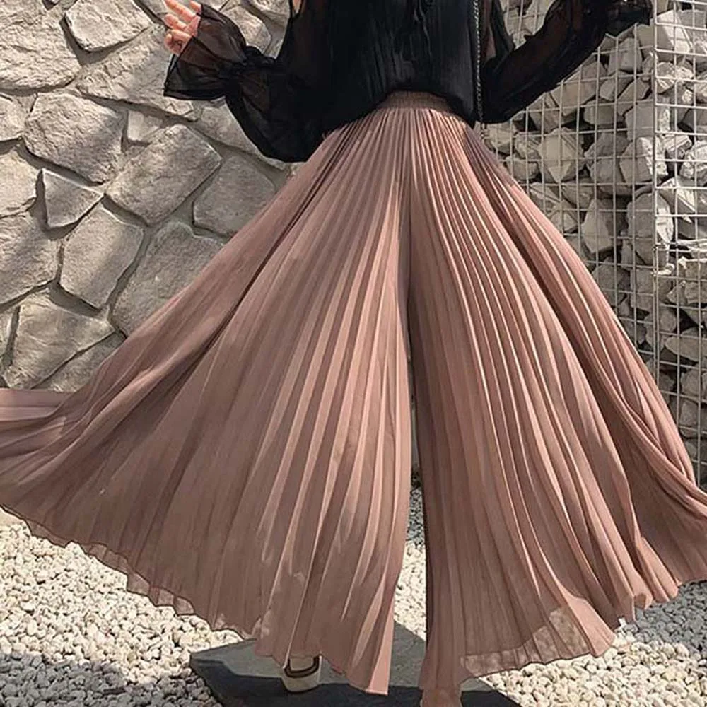 

Casual Pants Chiffon Swing Skirts Summer High Waist Pleated Wide Leg Pants Loose Gentle 2022 Summer Ladies Bottoms Korea Japan