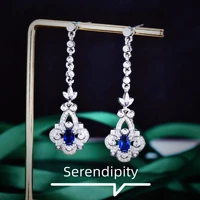 luxury 925 silver sri lanka sapphire blue gemstone earrings for women elegant temperament long earring wedding jewelry gifts
