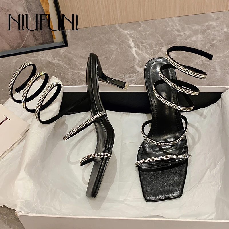 

NIUFUNI Square Toe Rhinestone Ankle Strap Women's Sandals Stiletto High Heels Solid Color Summer Gladiator Shoes Black Hollow