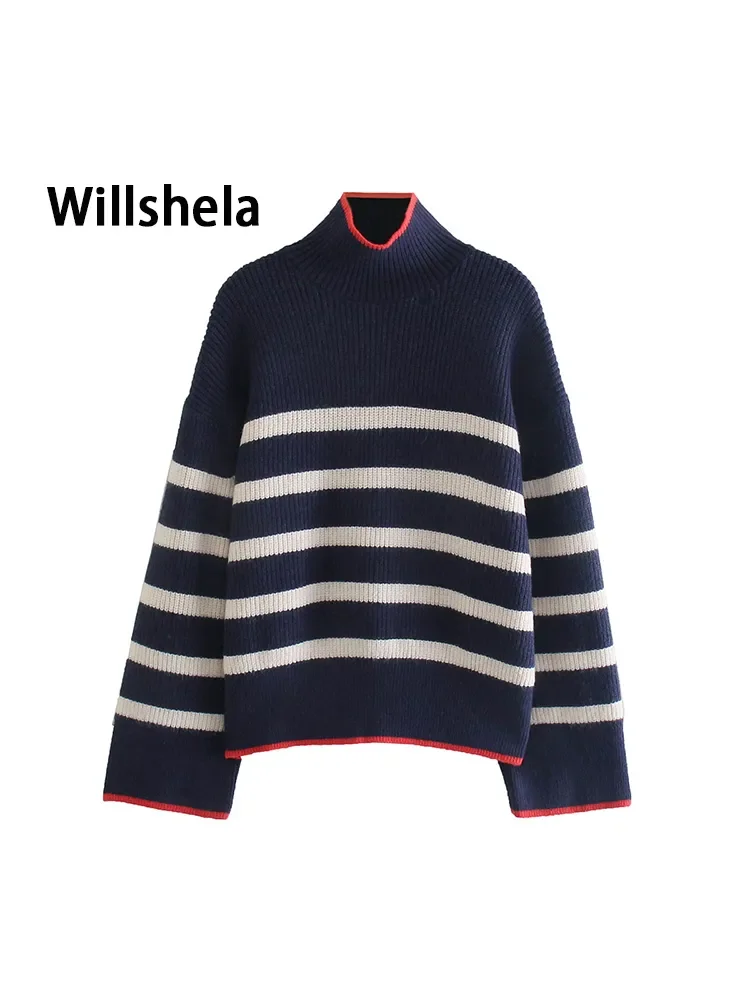 

NEW 2023 Women Fashion Striped Knit Sweater with High Neck Long Sleeves Chic Lady Woman Basic Knitted Pullover Winter Warm Top