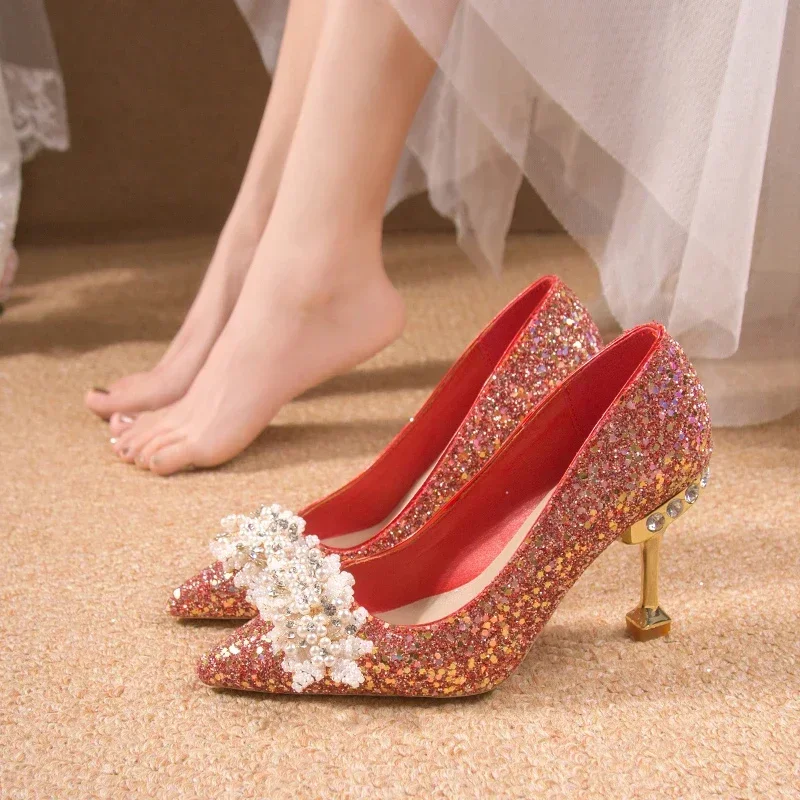 2024 весенне-осенние новые большие корейские красные свадебные туфли со стразами