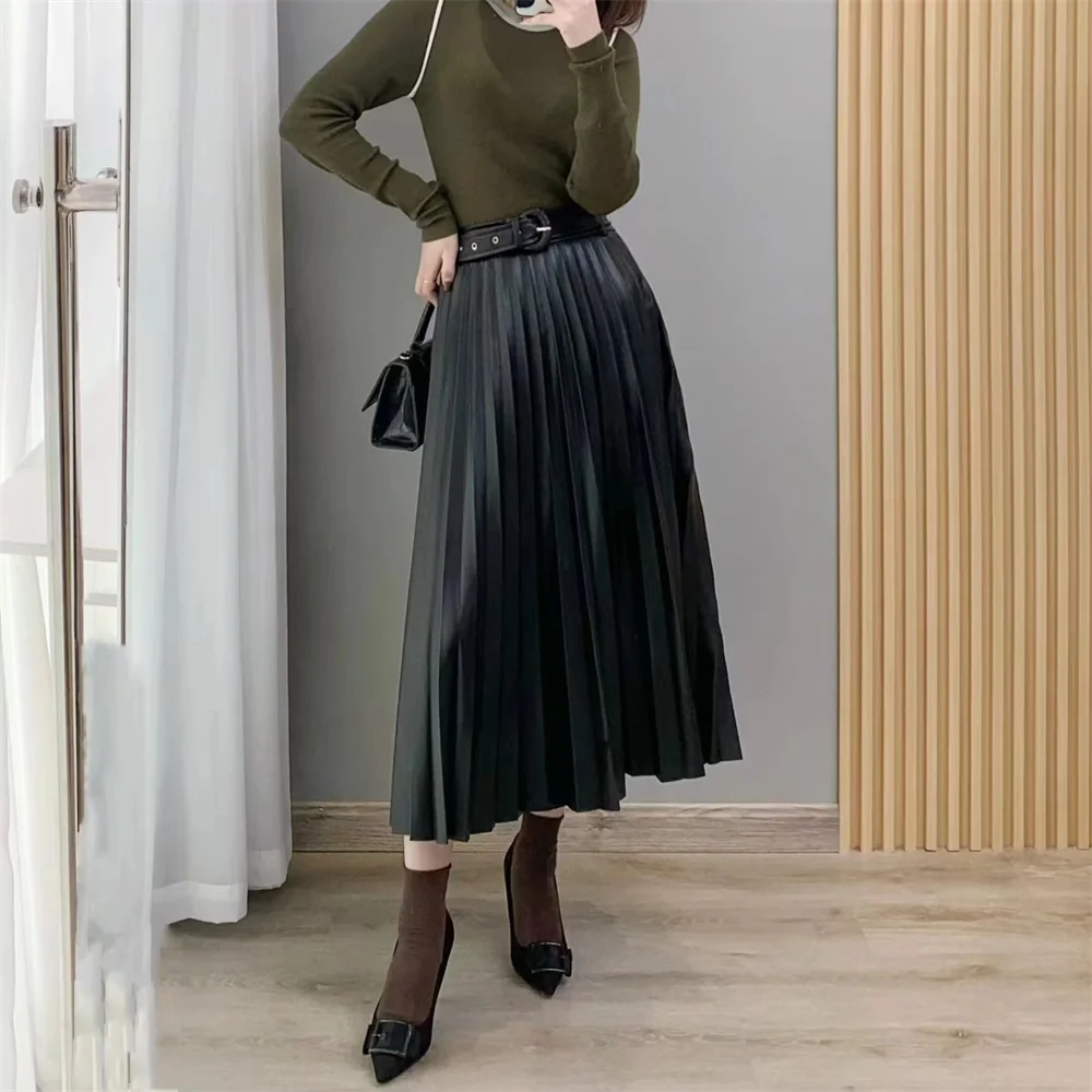 

COS LRIS 2022 Autumn and Winter New Women's Clothing Black High Waist Imitation Leather With Belt Midi Pleated Skirt 3046331