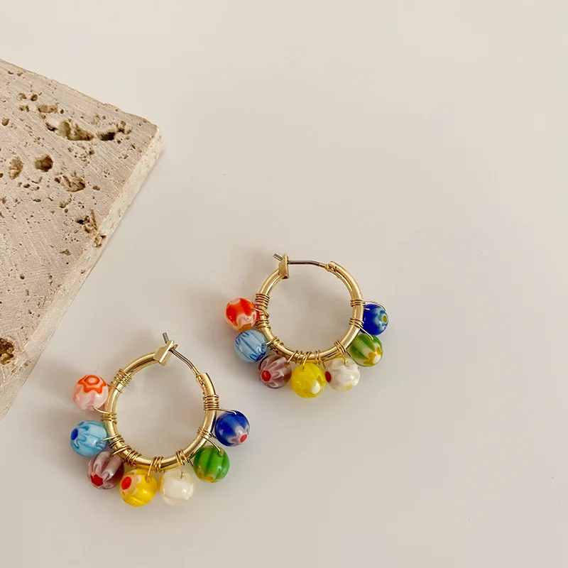 

LISM ZA Colorful Beads Round Circle Hoop Earrings For Women Simple Statement Hit Color Stud Earring Bohemian Jewelry
