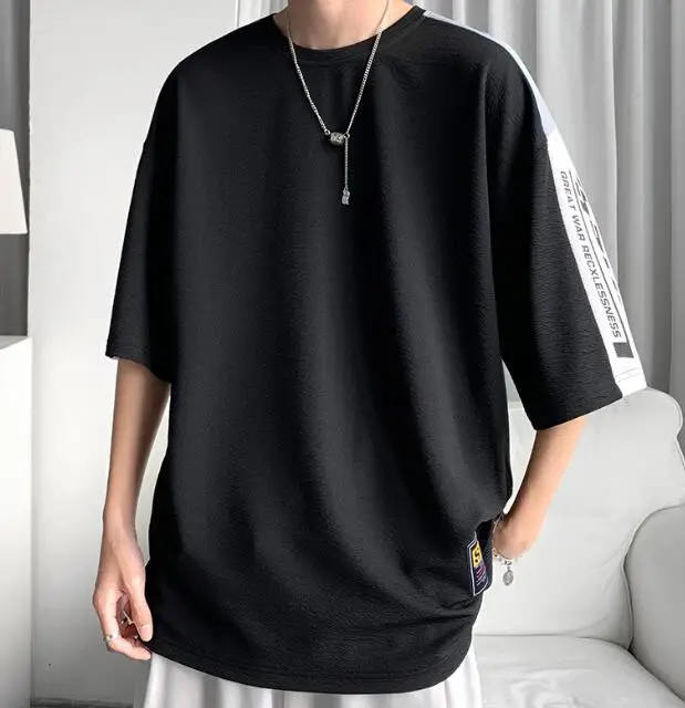 

Men's Black Color Alphabet Pattern Short Sleeve Round Colar Cotton Blend Loose T-Shirt ABD510