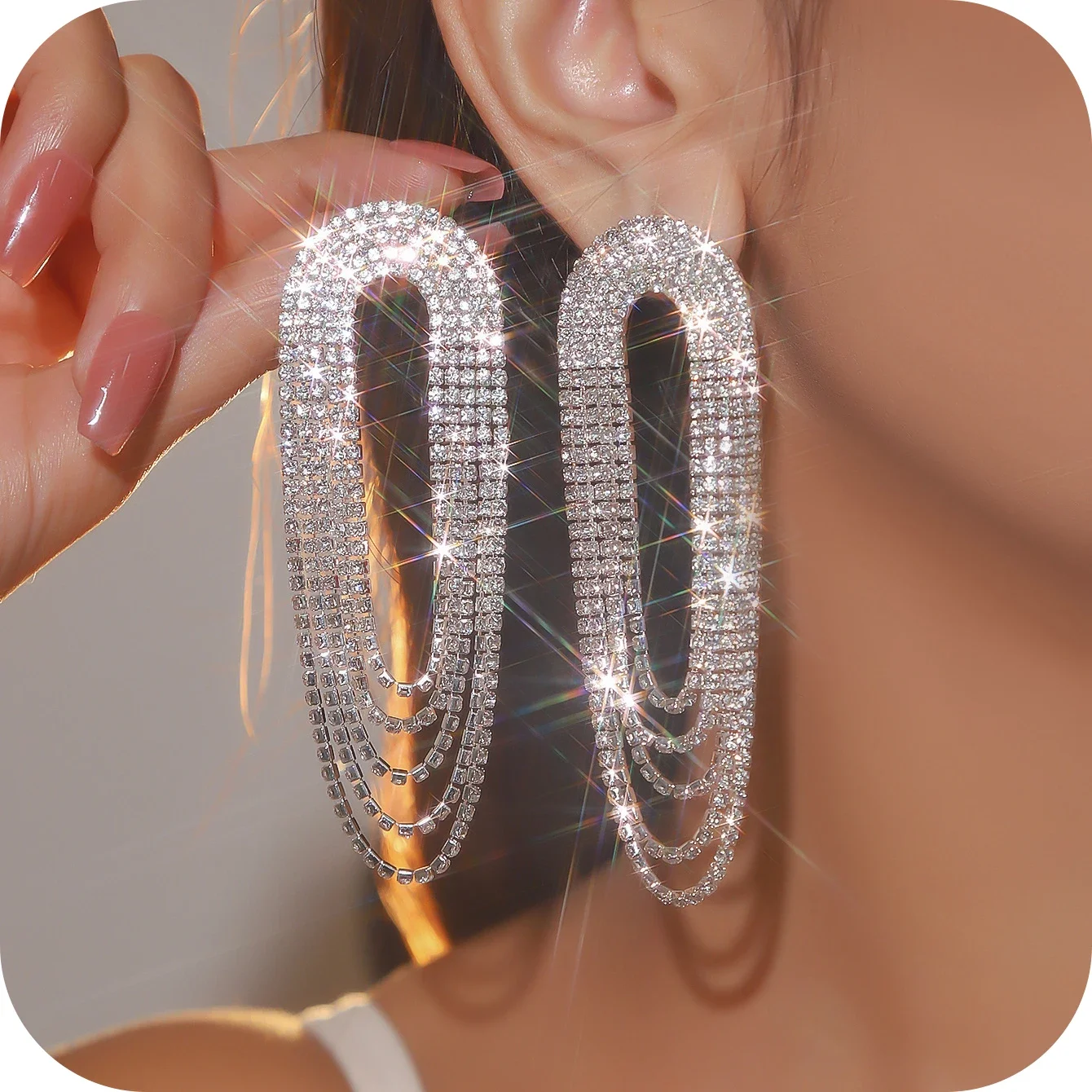 Висячие серьги со стразами для женщин длинные блестящие с кисточками и