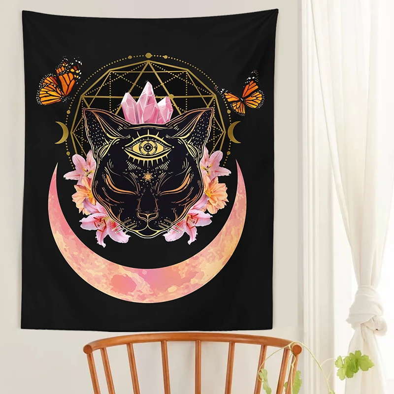 

Cat Witch Tapestry Wall Hanging moon star Tarot Butterfly Psychedelic black Trippy Tapestry Psychedelic Wall Prints Wall Decor 1