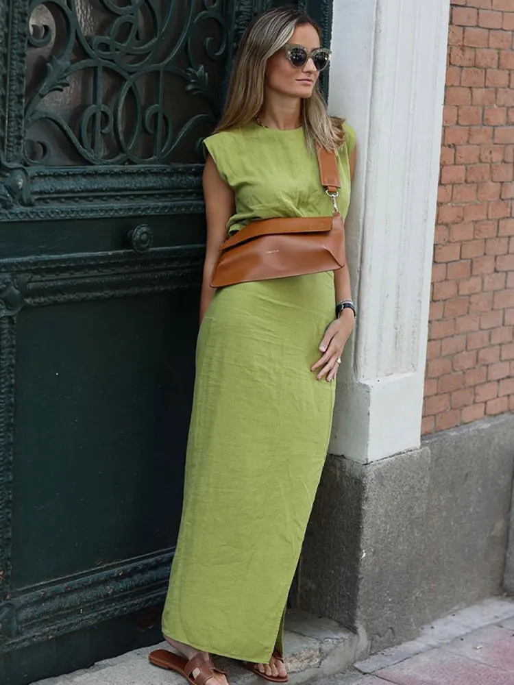 

Round Neck Sleeveless Open Design Midi Slit Dress Women Hollow Out Solid Color Slim Fit Robes Summer Popular Office Lady vestido