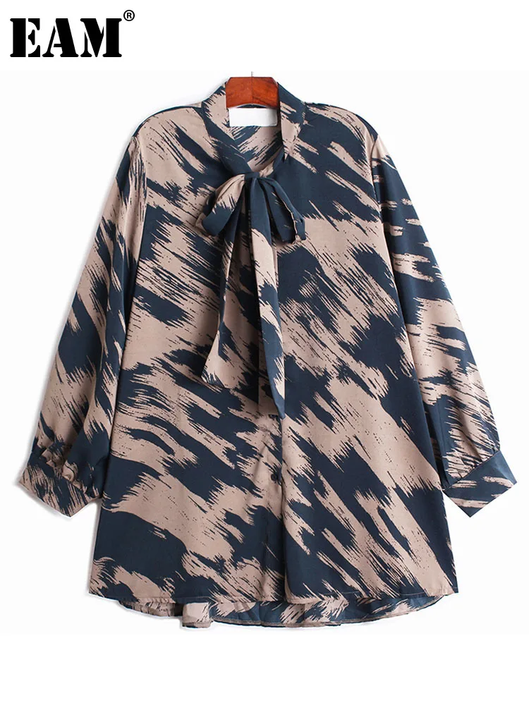 

[EAM] Women Pattern Printed Big Size Blouse New Bow Collar Long Sleeve Loose Fit Shirt Fashion Tide Spring Autumn 2023 1DE7255
