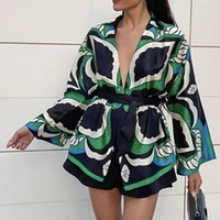 women business suit 2022 summer fashion green print 2 piece set kimono shirt blousehigh waist casual shorts set woman suit