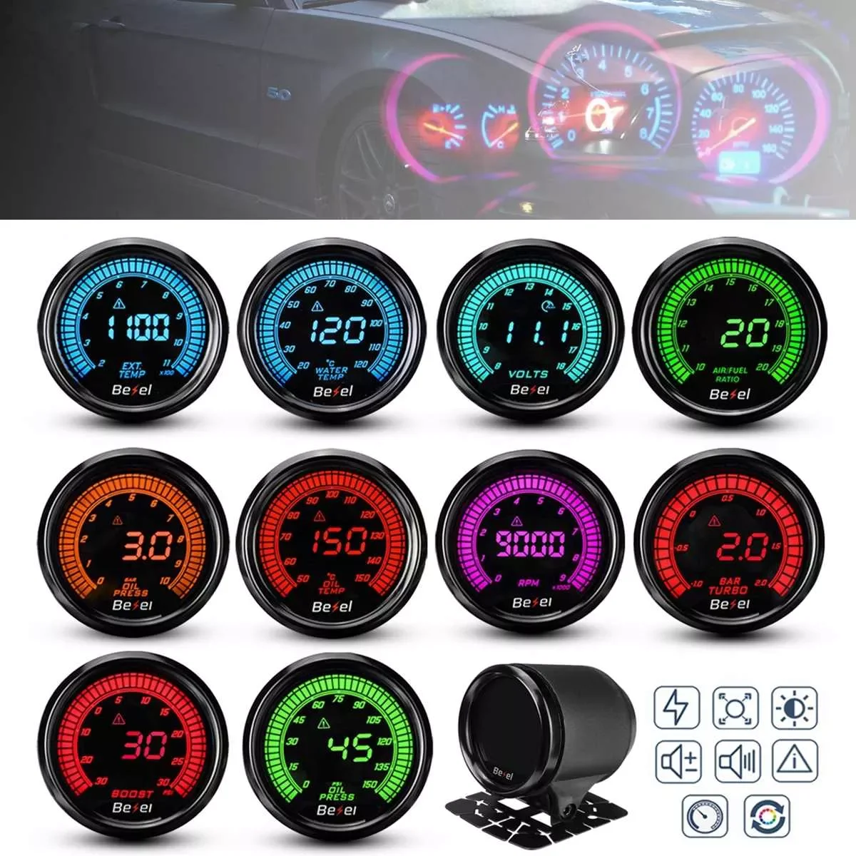 

52mm Universal Car Auto LED Gauge Water Oil Temp/Pres Volt Tacho Boost PSI/BAR AFR EGT Gauge Digital LED With Gauge Holder