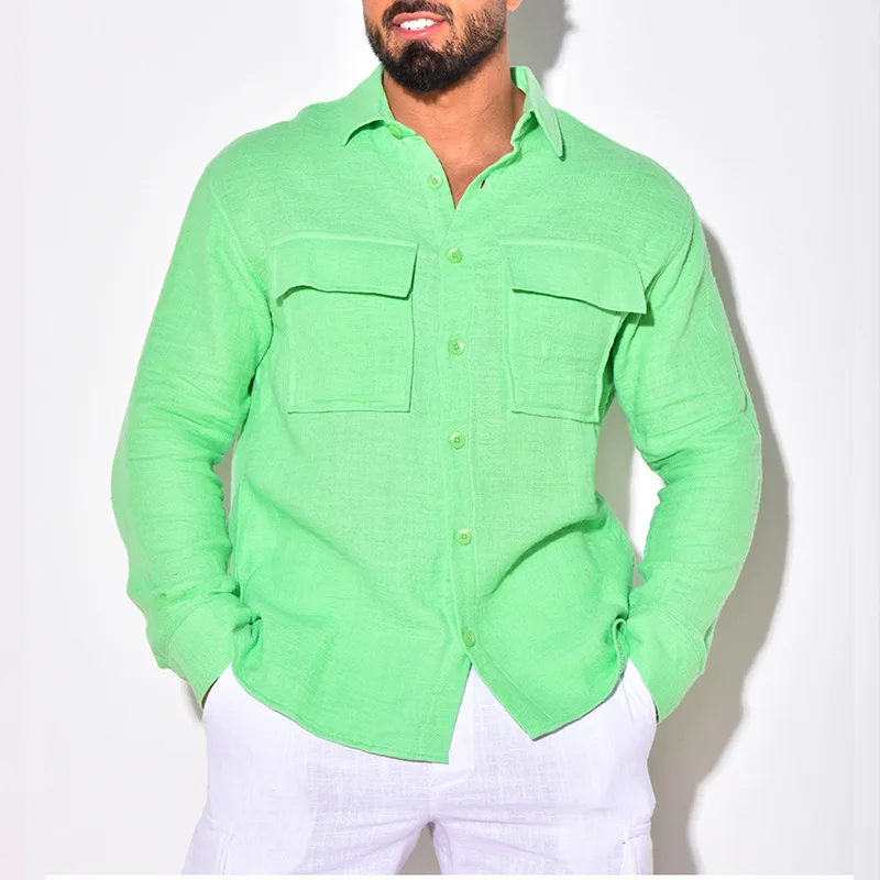

2023 New Men's Shirt Cotton Linen Cardigan Pocket Casual Large Size Solid Color Long Sleeve Spring Autumn Male Top Wholesale