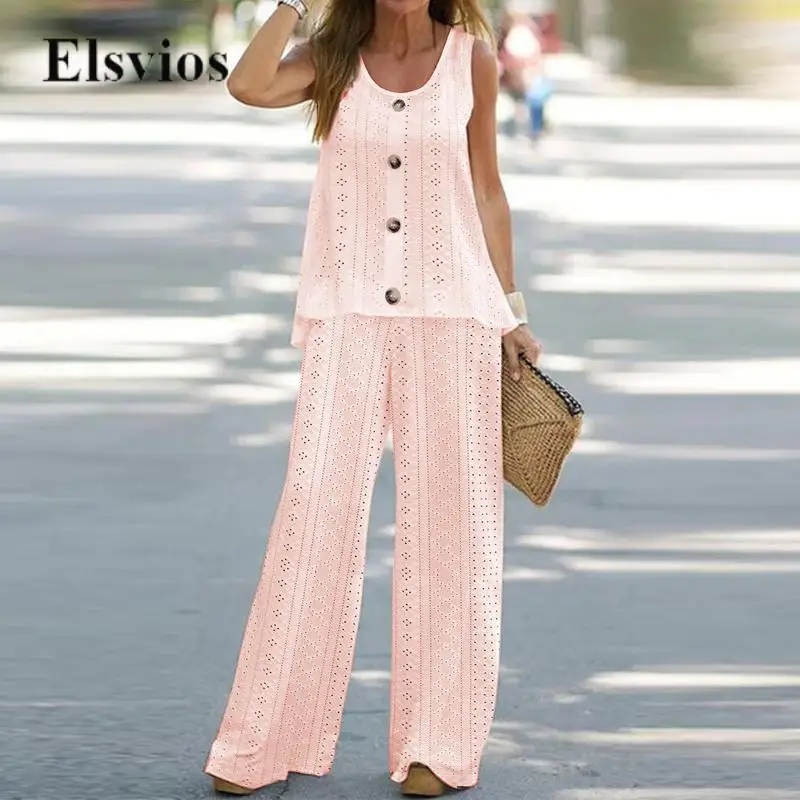 

Solid Women Sleeveless Tank And Long Pants Suits Commute Fashion Casual Two Piece Sets Casual Loose Hollow O Neck Button Outfits