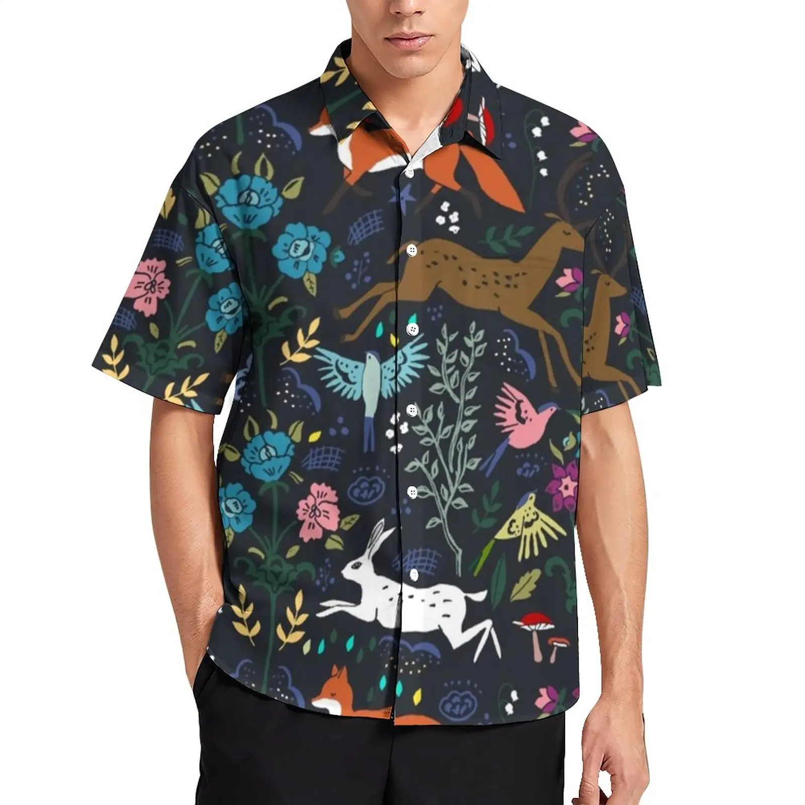 

Mystic Forest Casual Shirts Woodland Fox Print Vacation Shirt Hawaii Trendy Blouses Men Pattern Plus Size