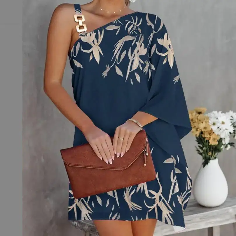 

2023 Summer Sexy Elegant Irregular Party Dress Gown Women's Fashion One Shoulder Diagonal Neck Print Mini Vintage Vestidos