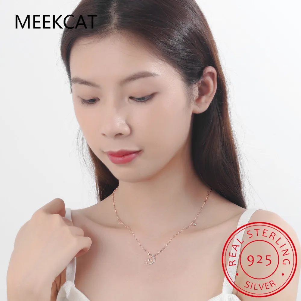 Настоящее серебро 925 пробы модное колье-чокер с милой луной и звездой CZ для женщин