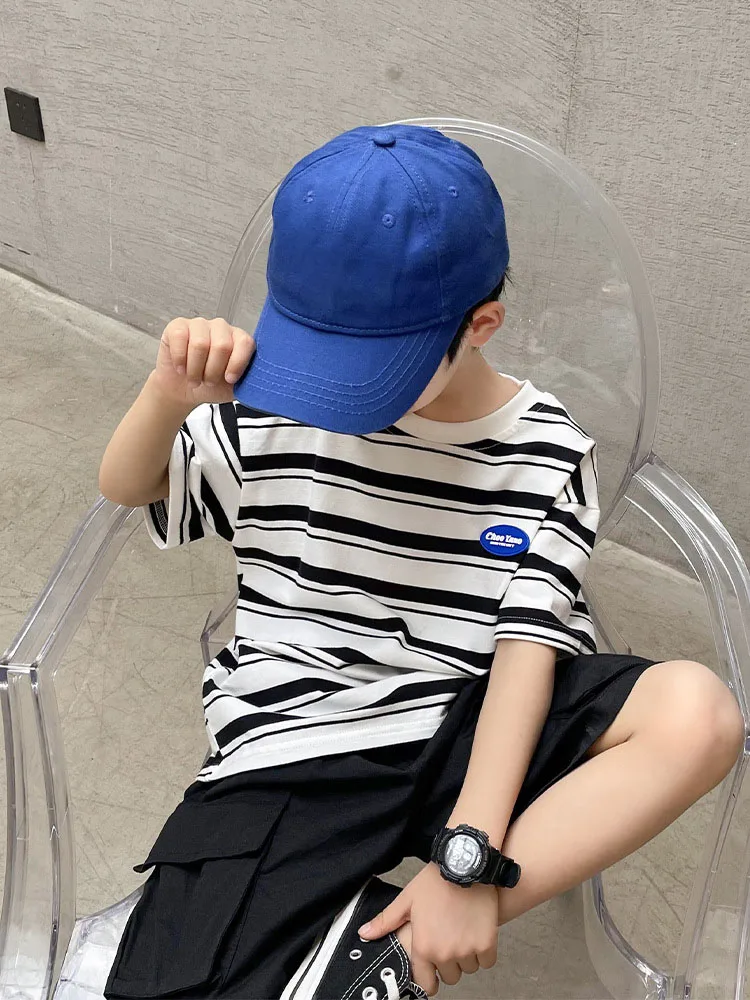 

Новинка лета 2022, футболка для мальчиков, модные повседневные топы с коротким рукавом и круглым вырезом в полоску, детские футболки в Корейск...