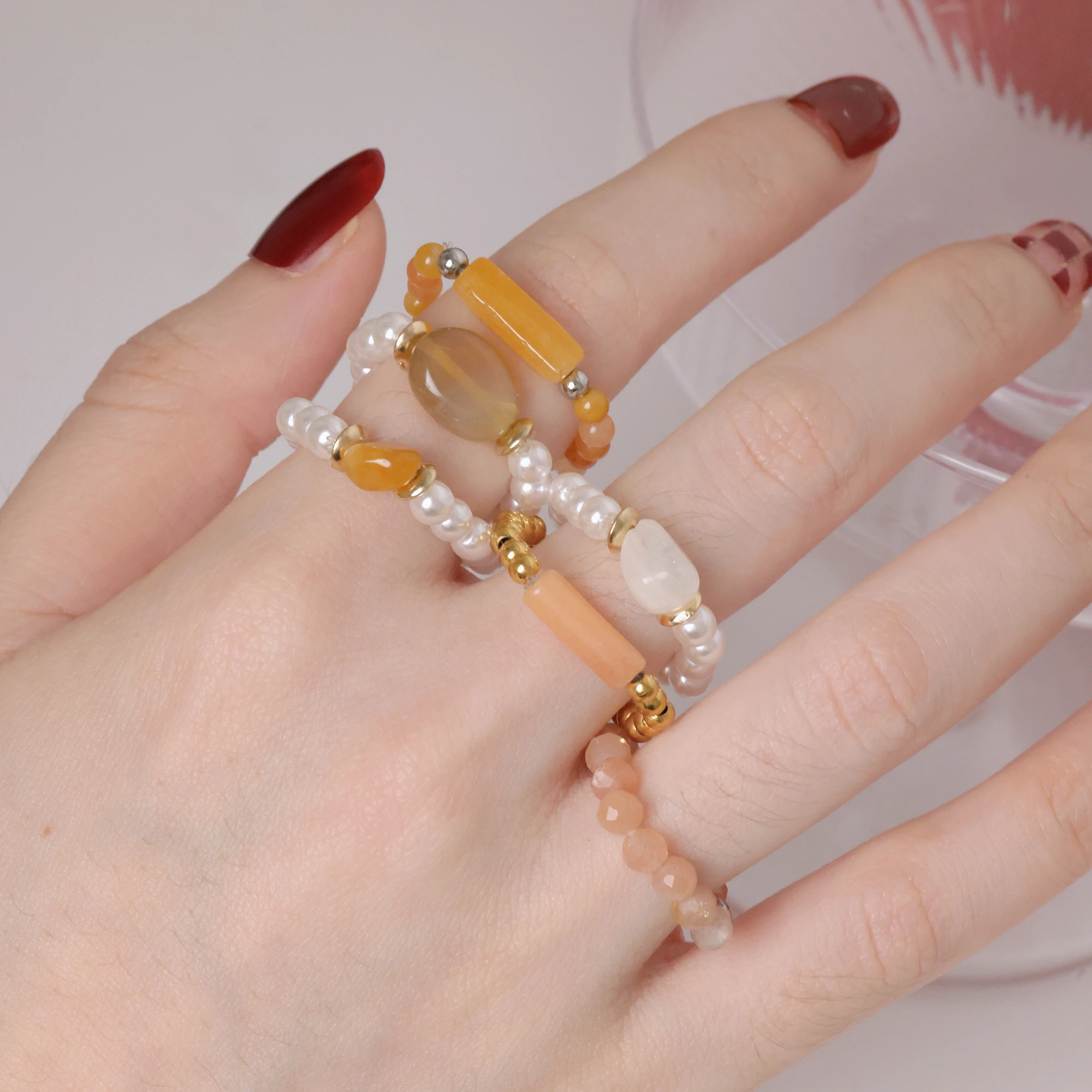 

Sweet Natural Stone Rings Freshwater Pearl Beads Gold Color Charm Adjustable Ring Crystal Blue Sapphire Luxury Woman Jewelry