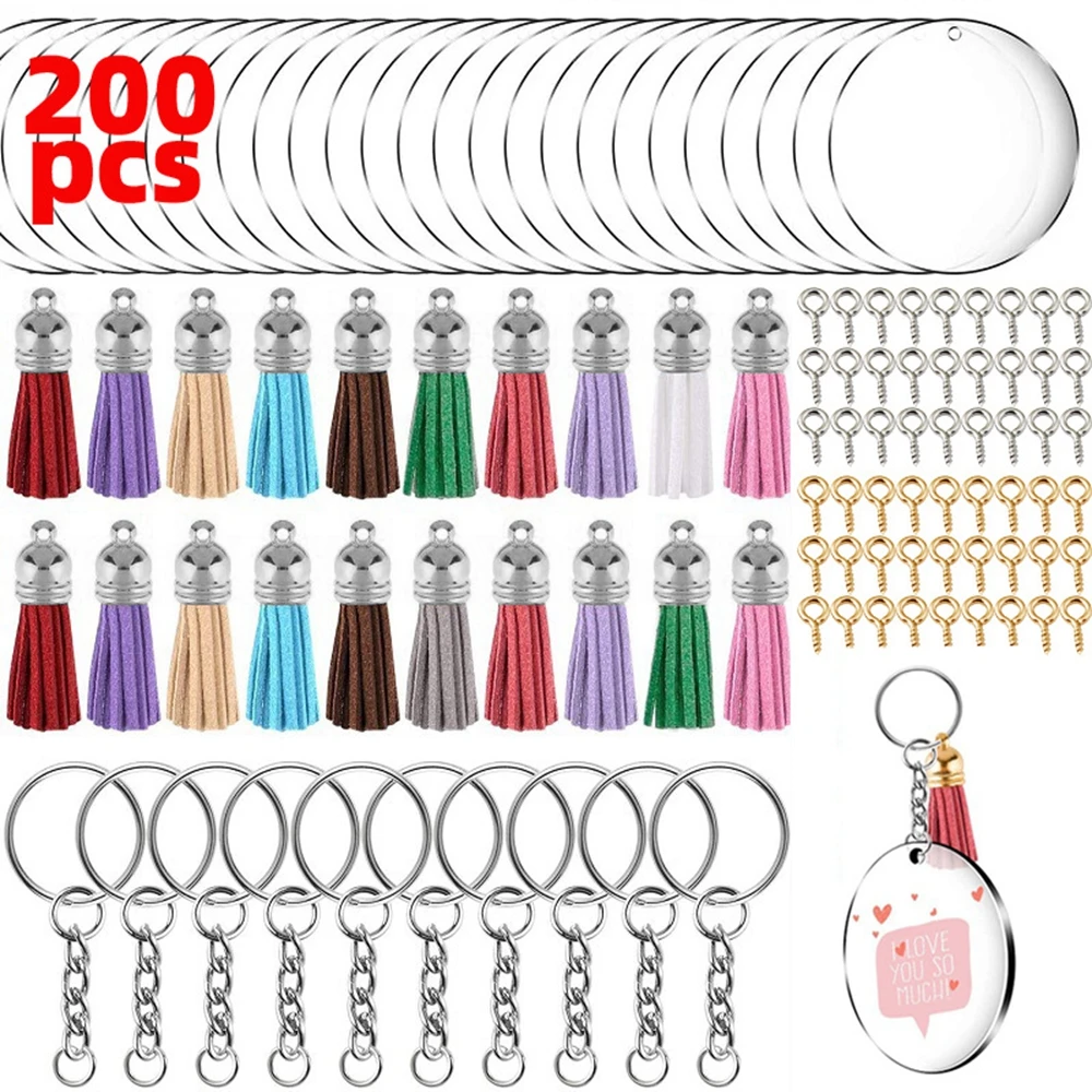 

200pcs Clear Acrylic Keychain Blanks Keychains Including Acrylic Blanks Keychain Tassels Jump Rings for DIY Keychain Gifts