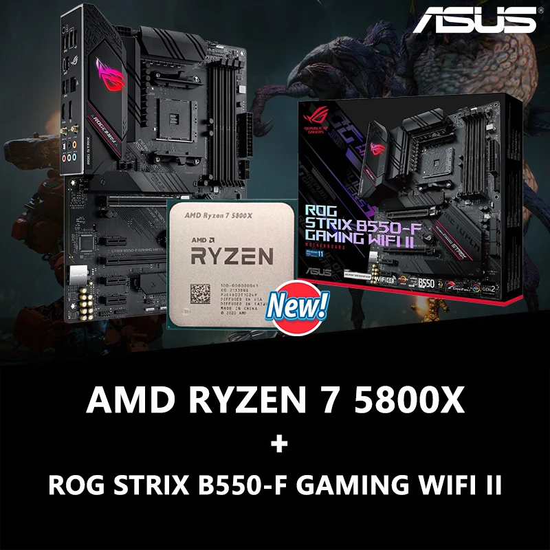 

NEW AMD Ryzen 7 5800X R7 5800X + ASUS ROG STRIX B550-F GAMING WiFi II AM4 ATX Gaming Motherboard WiFi 6E All New But Without Fan