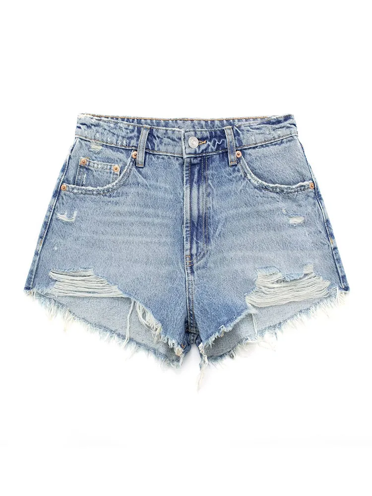 

TRAF Fashion Women Distressed Denim Shorts 2023 Summer Female High Waist Zipper Fly Jeans Shorts Causal Pockets Bottoms