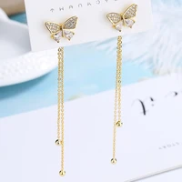 cute lovely butterfly chain tassel drop earring for women shiny micro crystal pave zircon female golden dangle earring accessory