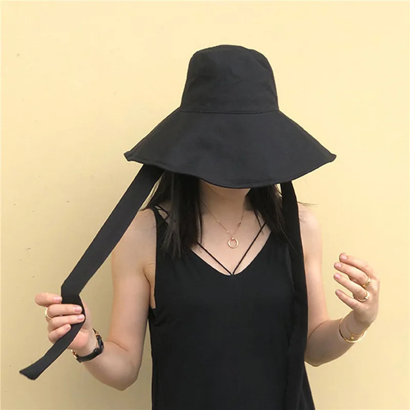 

Summer Spring Japan Tie Bucket Hat Women Korean Big Brim Fisherman Hat Foldable Sunscreen Chic Cotton Linen Beach Sun Hat