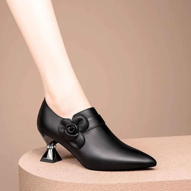 Натуральные толстые туфли с глубоким вырезом модные тонкие женские цветочным