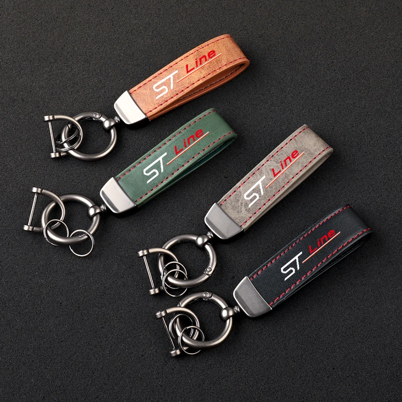 

High-Grade Leather Car KeyChain 360 Degree Rotating Horseshoe Key Rings For Ford ST ST LINE Car KeyChain Car Accessories