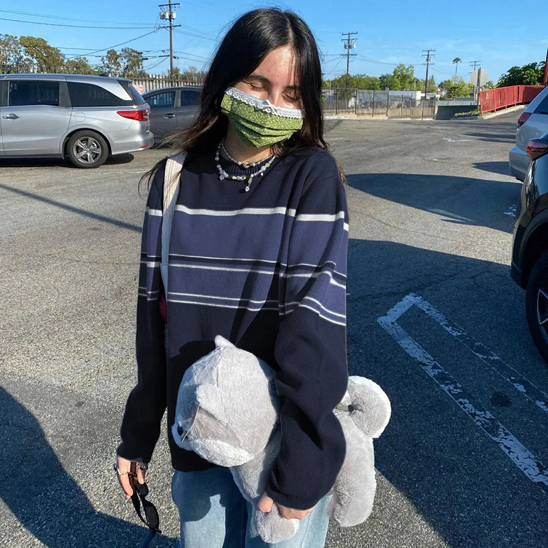 

Women Striped Knitted Sweater Autumn Winter Thick Warm Pullovers Oversized Sweaters Unisex Casual Loose Jumper Teen Streetwear