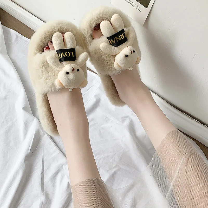 Hairy Slippers Women's Korean Version Cute Bears Flat Heels Flat-bottomed Flip-flops Outside Wear Household Cotton Slippers Wome
