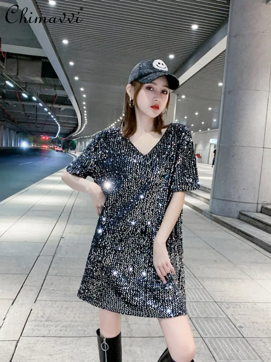 

European Goods Sequined T-shirt for Women 2023 Spring New Fashion Mid-Length Loose Oversized Short Sleeve Heavy Shiny Tops